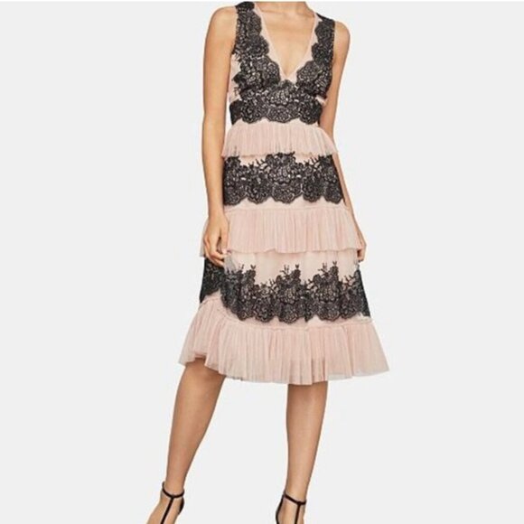 BCBGMaxAzria Blush Pink Tiered Tulle & Black Lace Cocktail Dress, Size 8 - Picture 1 of 16
